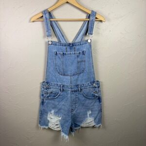 Risen Jeans Overalls Medium Distressed Denim Womens Shortalls Blue Festival Boho